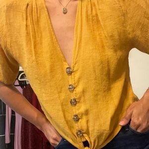 Mustard button down blouse